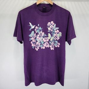 Humming Bird Butterfly USA Single‎ Stitch Shirt Purple Quality Retro Size Large